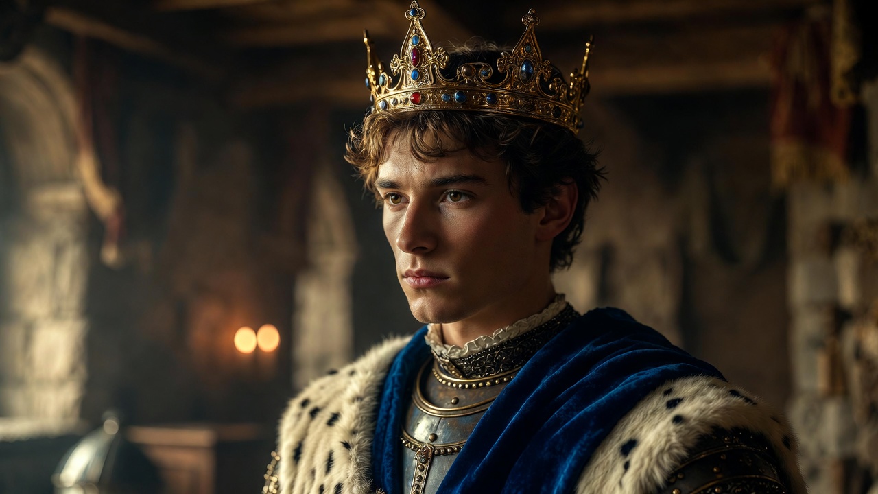 Retrato histórico realista del Rey Enrique V de Inglaterra joven y regio en su castillo