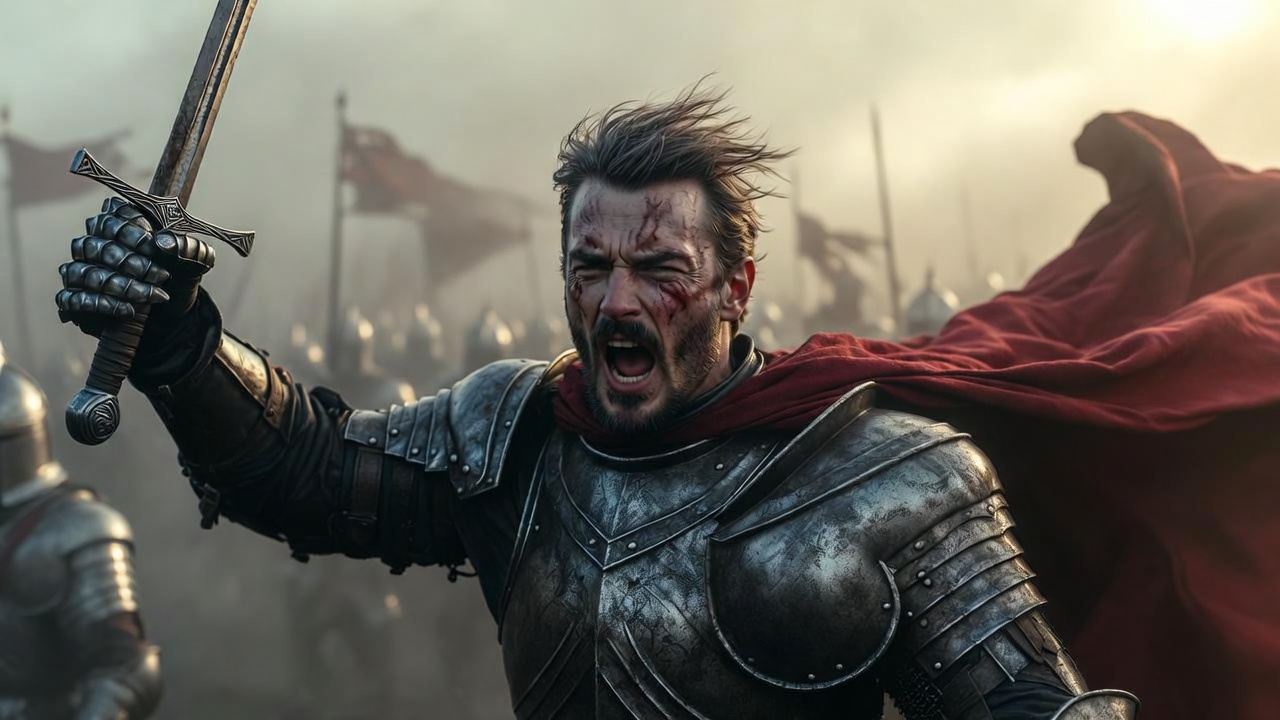 Rey Enrique V de Shakespeare arengando a sus tropas con espada en alto en Agincourt