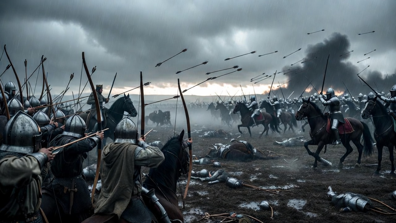 Batalla de Agincourt 1415: arqueros ingleses contra la caballería francesa en el barro