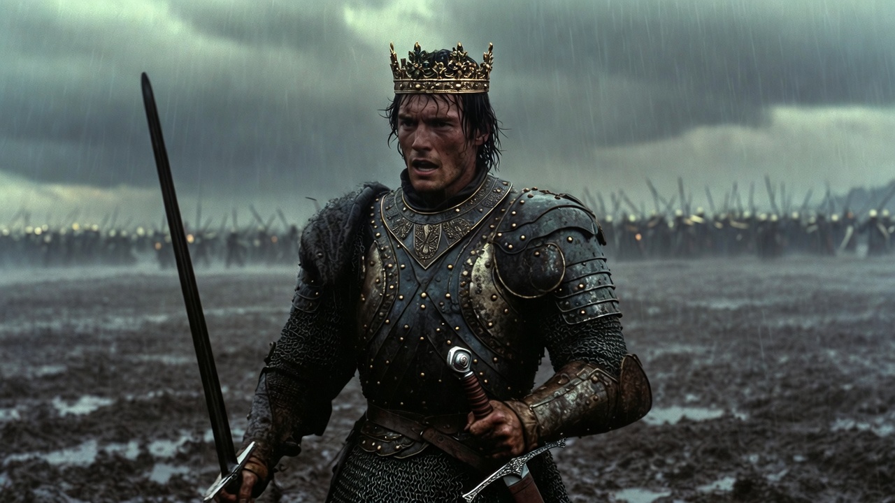 Escena cinematográfica del Rey Enrique V en la batalla de Agincourt, adaptación moderna de Shakespeare