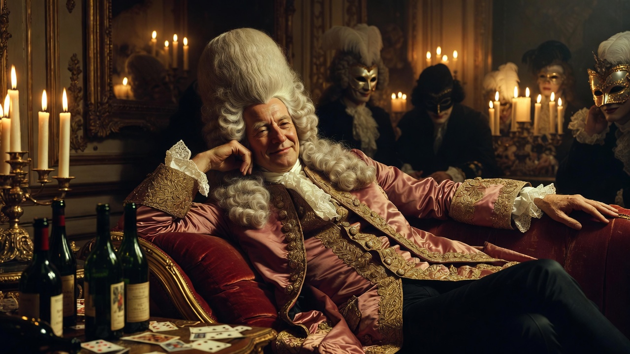 18th-century French roué lounging decadently in a luxurious rococo salon