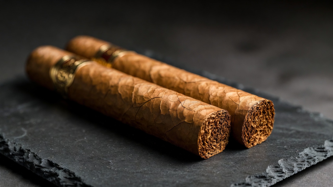 Close-up of Antonio y Cleopatra cigars on dark slate, showcasing rich wrapper texture and elegant bands.