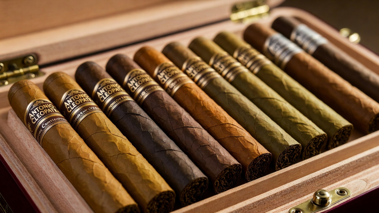 Variety of Antonio y Cleopatra cigars showing different wrappers including natural, maduro, and candela on wooden tray.