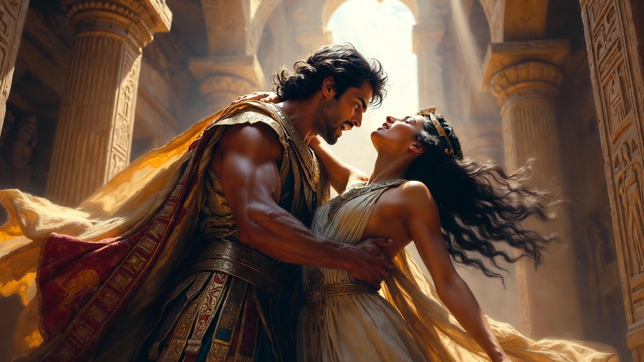 Classical artistic depiction of Shakespeare's Antony and Cleopatra in passionate embrace, evoking the play's romantic tragedy.