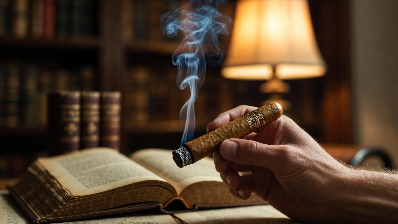 Person enjoying an Antonio y Cleopatra cigar while reading Shakespeare, blending literature and cigar culture in cozy setting.