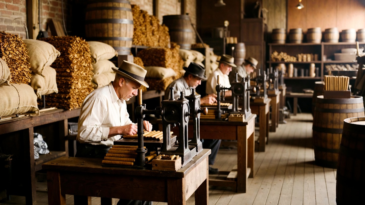 Historical 19th-century American cigar factory scene from 1879 era, evoking the origins of Antonio y Cleopatra cigars.