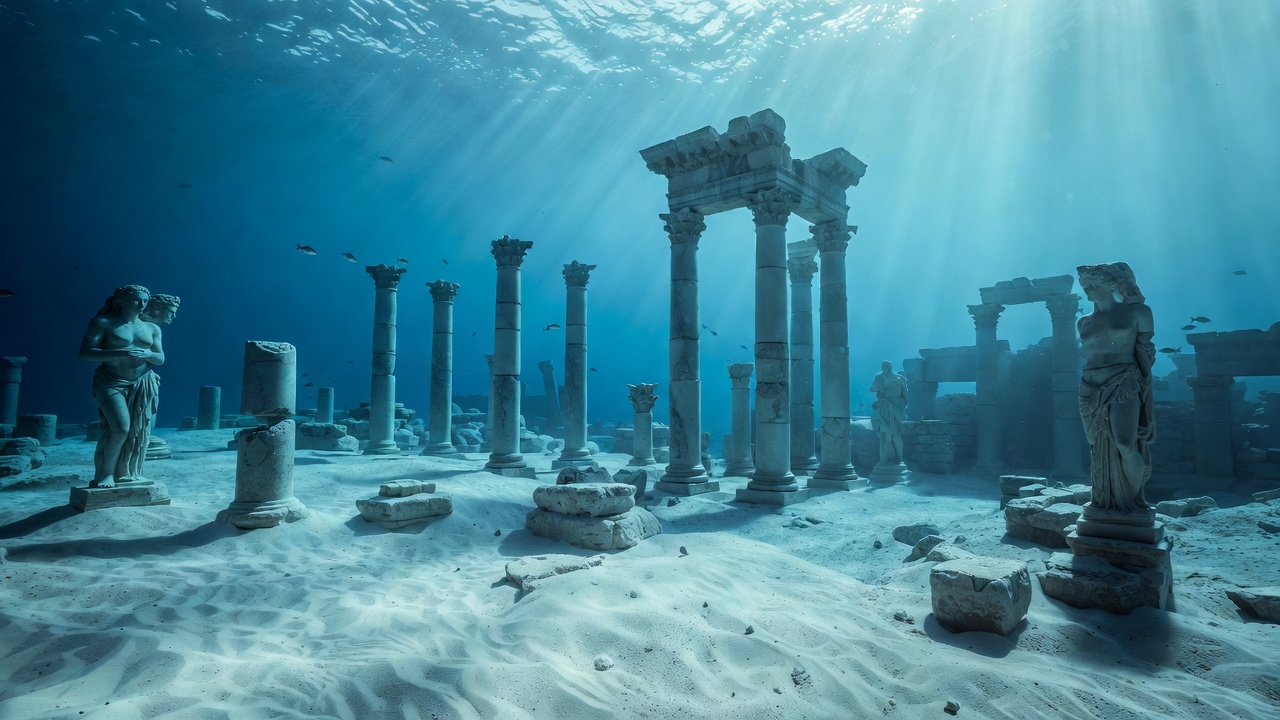 Submerged ancient ruins and columns in Alexandria waters, site of Franck Goddio's underwater searches for Cleopatra's palace and possible tomb