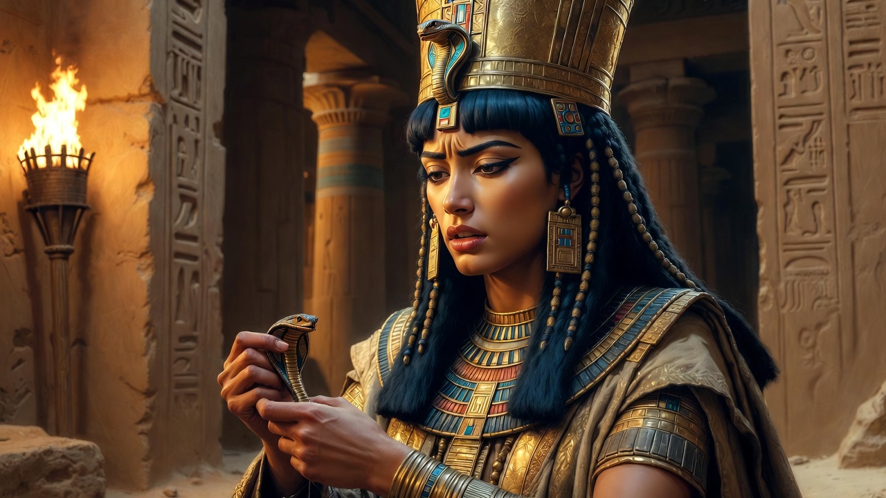 Dramatic depiction of Cleopatra's suicide in her monument from Shakespeare's Antony and Cleopatra, symbolizing tragic eternal union