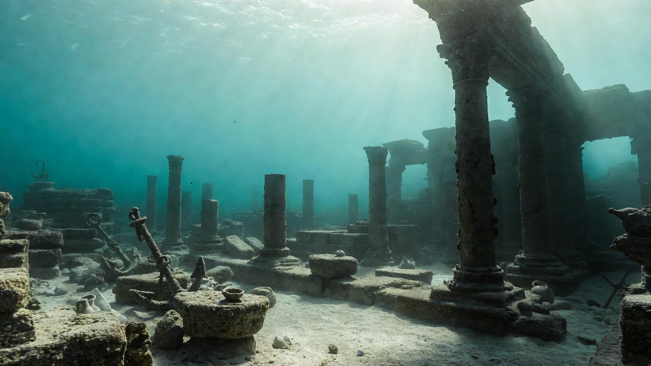 Sunken ancient port structures underwater near Taposiris Magna, 2025 discovery linking to potential clues about the tomb of Antony and Cleopatra