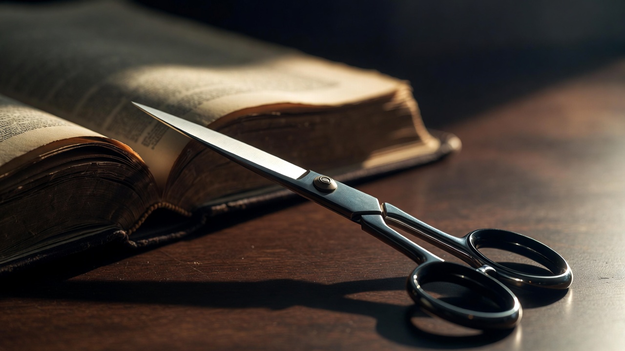 Close-up of sharp stainless steel office scissors beside an open classic literature book on a wooden desk