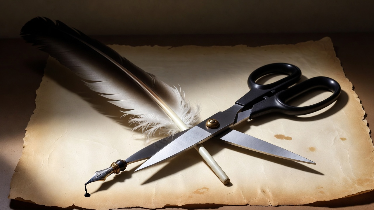 Quill pen crossed with modern office scissors on antique parchment symbolizing sharp literary wit