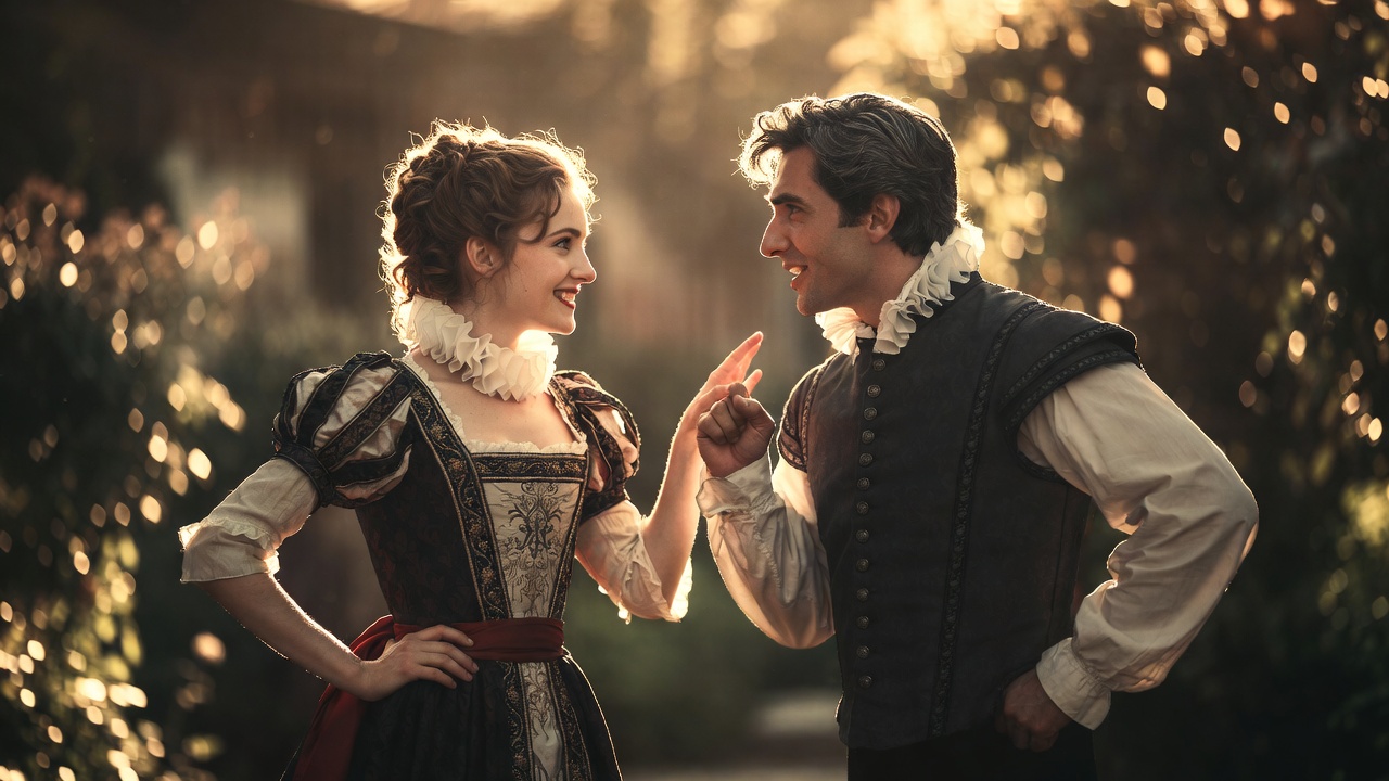 Beatrice and Benedick in witty verbal sparring from Shakespeare's Much Ado About Nothing