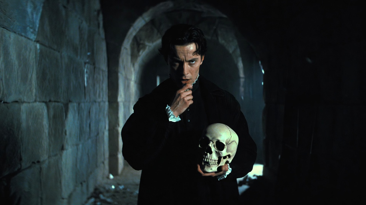 Hamlet in deep contemplation holding Yorick's skull, symbolizing sharp philosophical insight