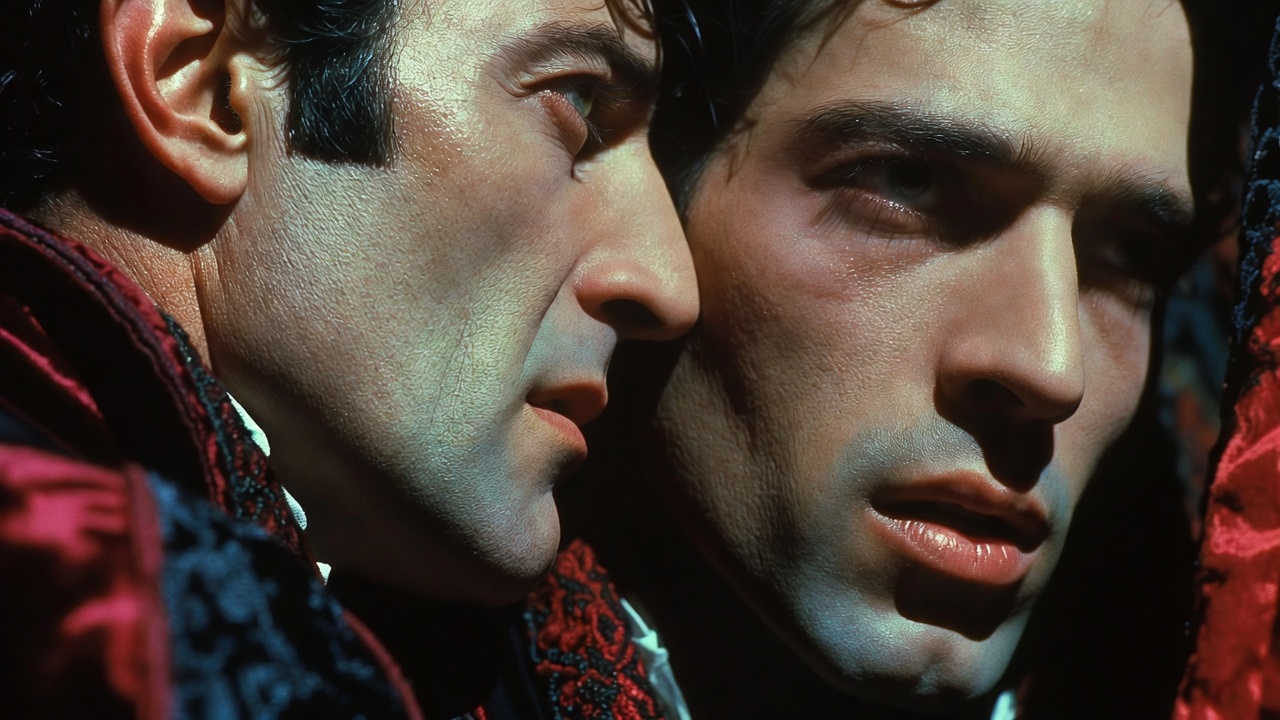 Iago whispering manipulative words to a suspicious Othello in Shakespeare's tragedy