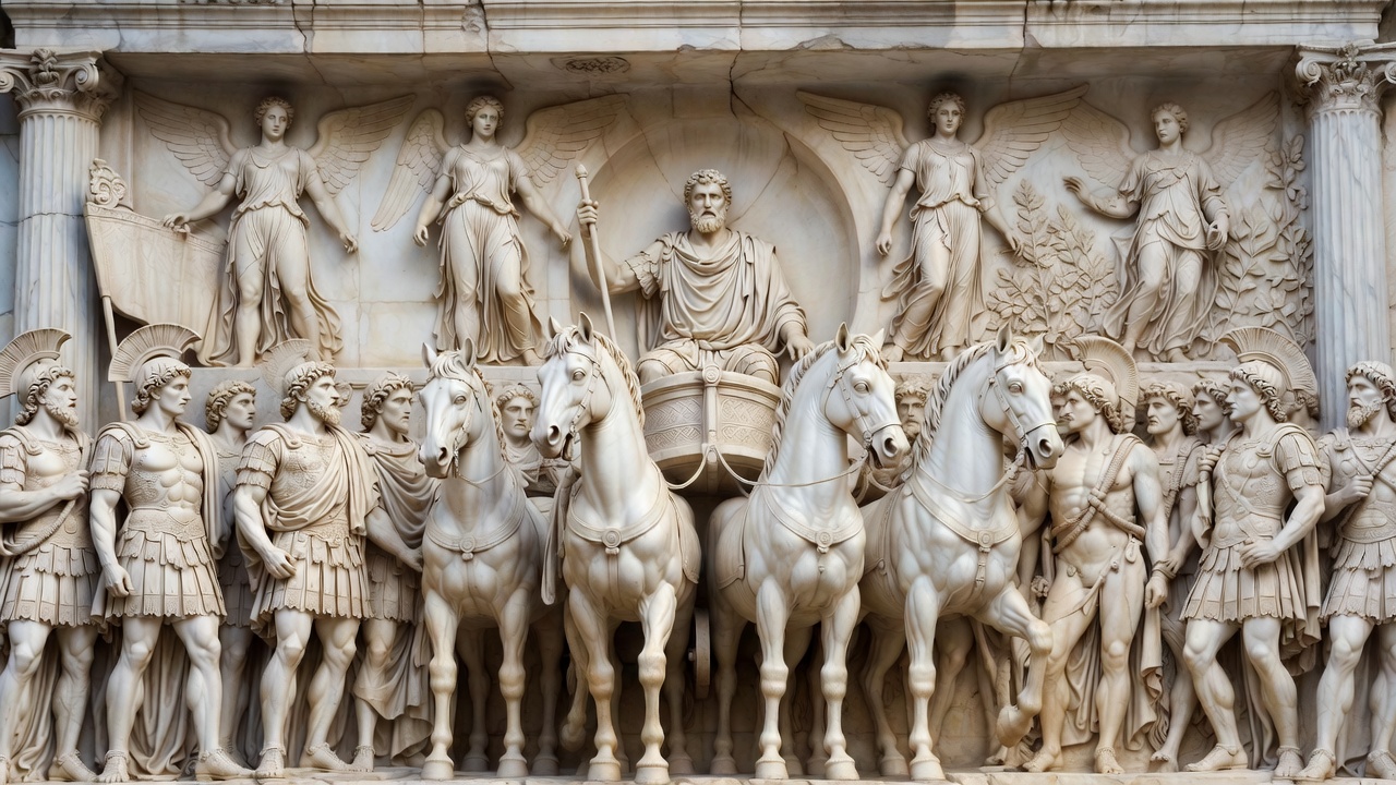 Roman triumph procession relief capturing Julius Caesar's victorious return