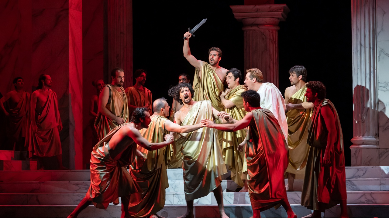 Dramatic Julius Caesar assassination scene from Shakespeare performance highlighting tragic hubris