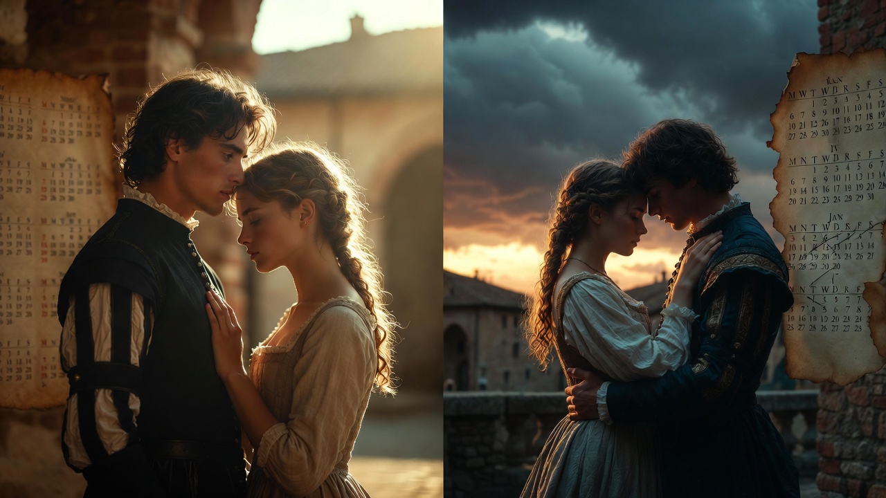 Split scene showing time compression in Romeo and Juliet from months to days in Verona setting