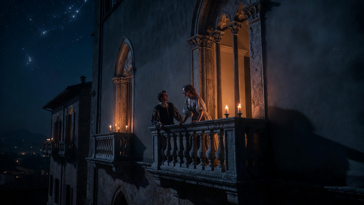 Romeo and Juliet balcony scene at night in Verona under moonlight
