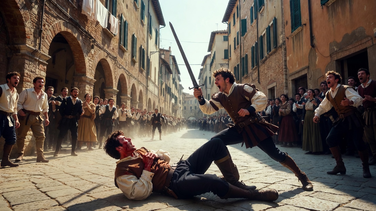 Tybalt and Romeo deadly sword fight in Verona street – Day 2 tragedy