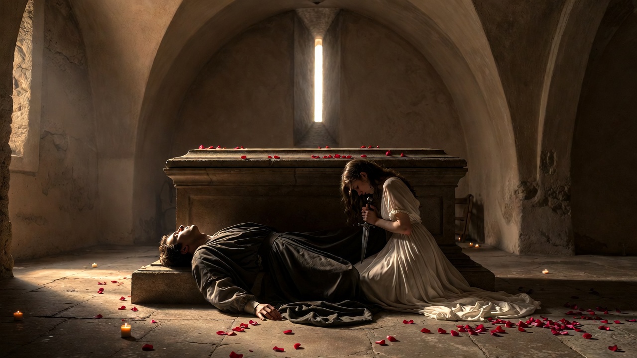 Final tragic moment in Romeo and Juliet tomb at dawn with lovers’ deaths
