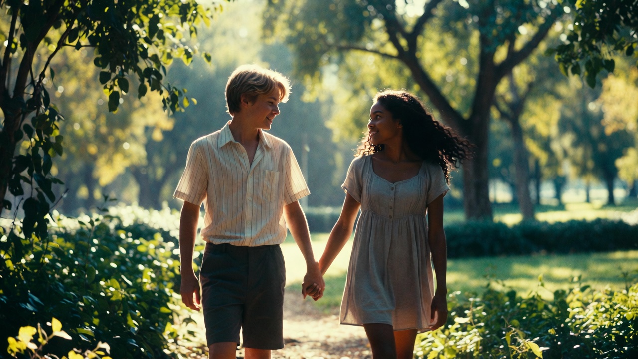 Innocent teenage couple holding hands in a park symbolizing young consensual love and close-in-age relationships.