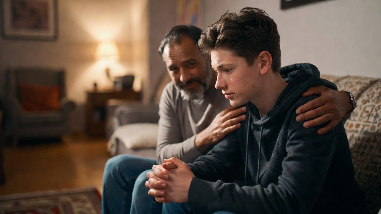 Parent and teenager having an open conversation about legal risks and Romeo and Juliet law protections.