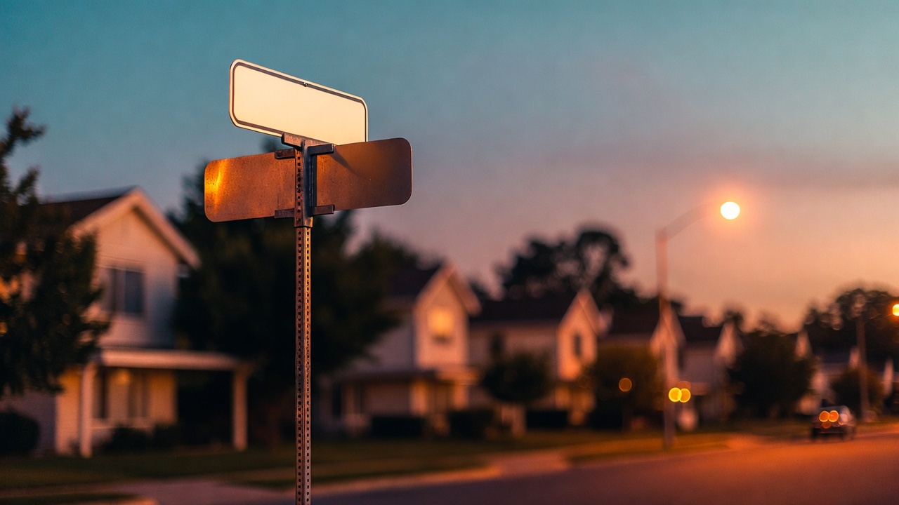 Suburban apartment street sign at dusk evoking the mysterious name origin of Hamlet West Apartments