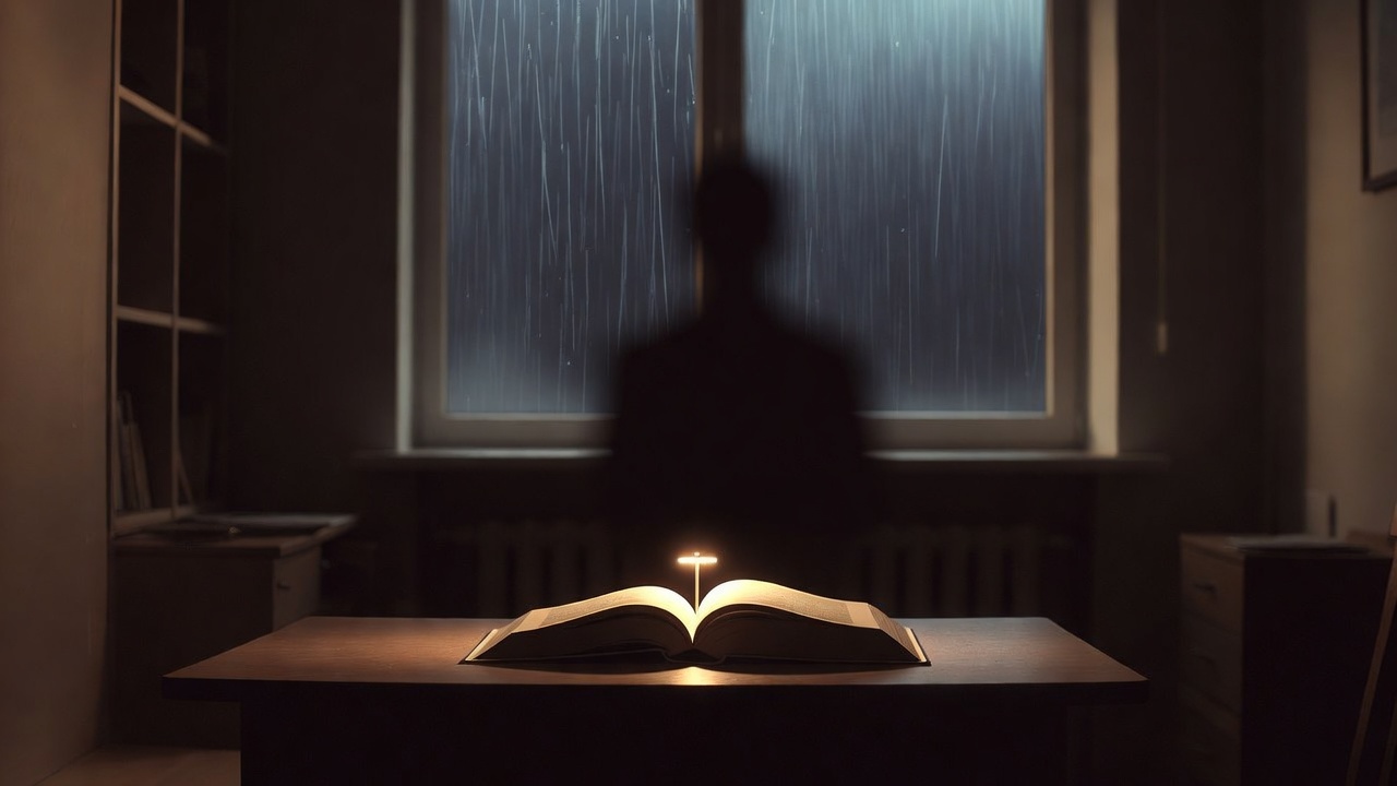 Contemplative apartment interior at night reflecting existential themes from Shakespeare's Hamlet