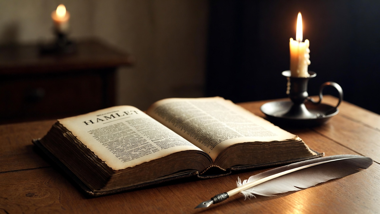 Classic Shakespeare Hamlet book open in thoughtful literary setting evoking reflection and introspection.