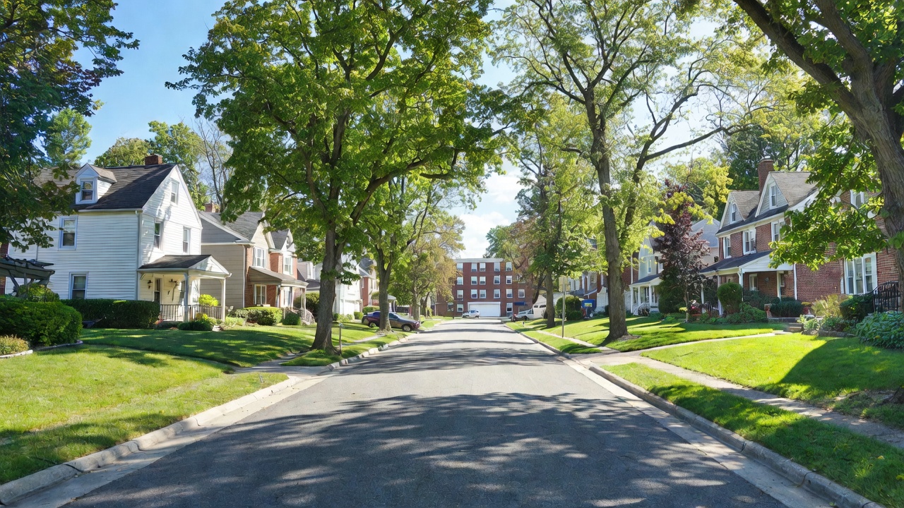 Quiet tree-lined suburban neighborhood around Hamlet West Apartments in Woodlawn Baltimore.