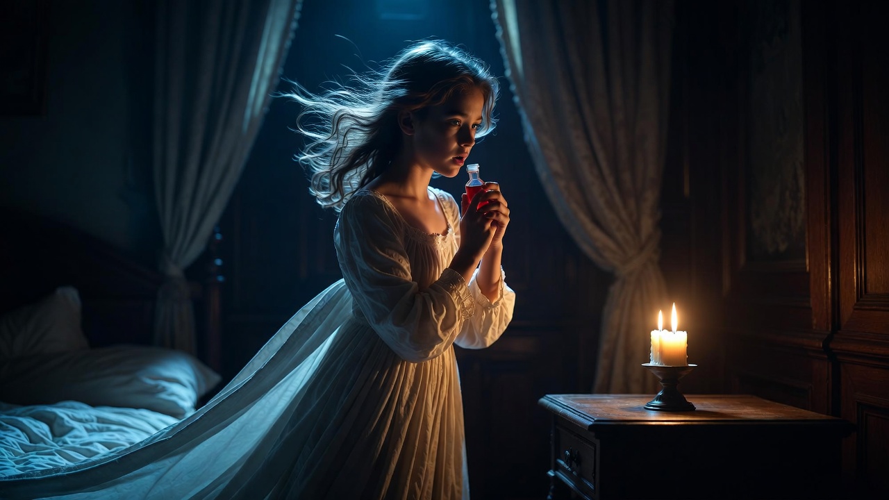 Juliet alone in her chamber contemplating the sleeping potion in Romeo and Juliet Act 4, dramatic fear and resolve