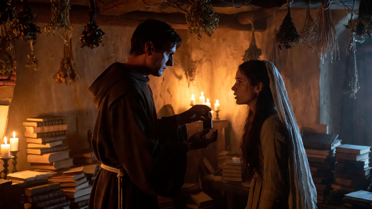 Friar Lawrence giving Juliet the sleeping potion in his cell, Romeo and Juliet Act 4 turning point