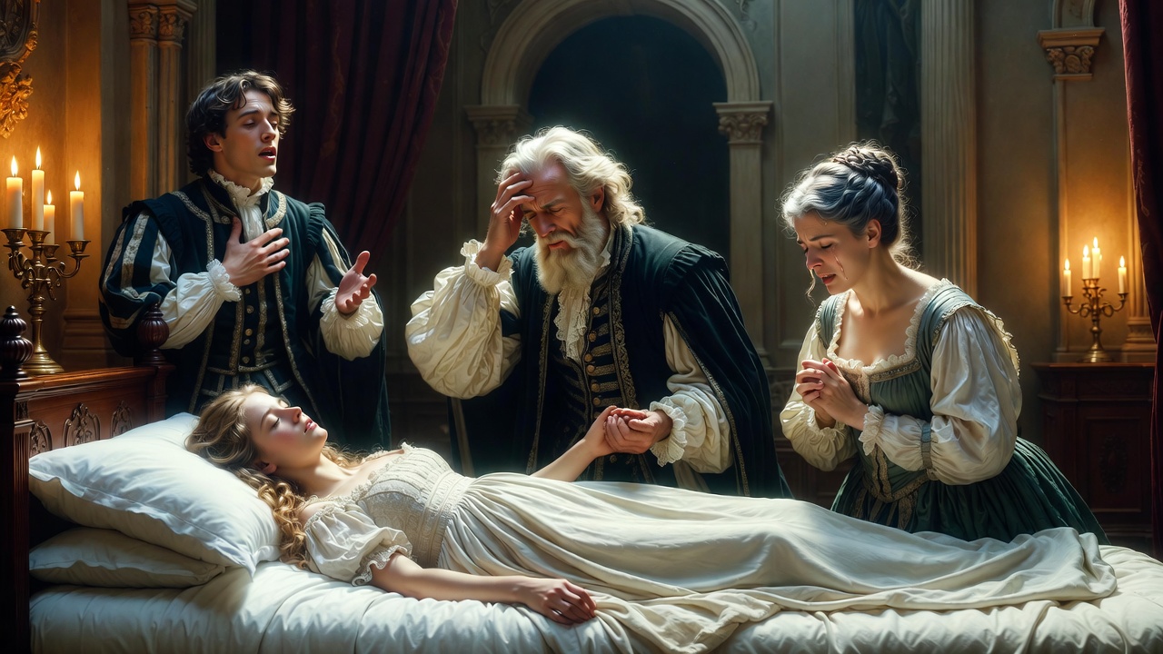 Capulet family and Paris mourning Juliet's apparent death in Romeo and Juliet Act 4, dramatic grief scene