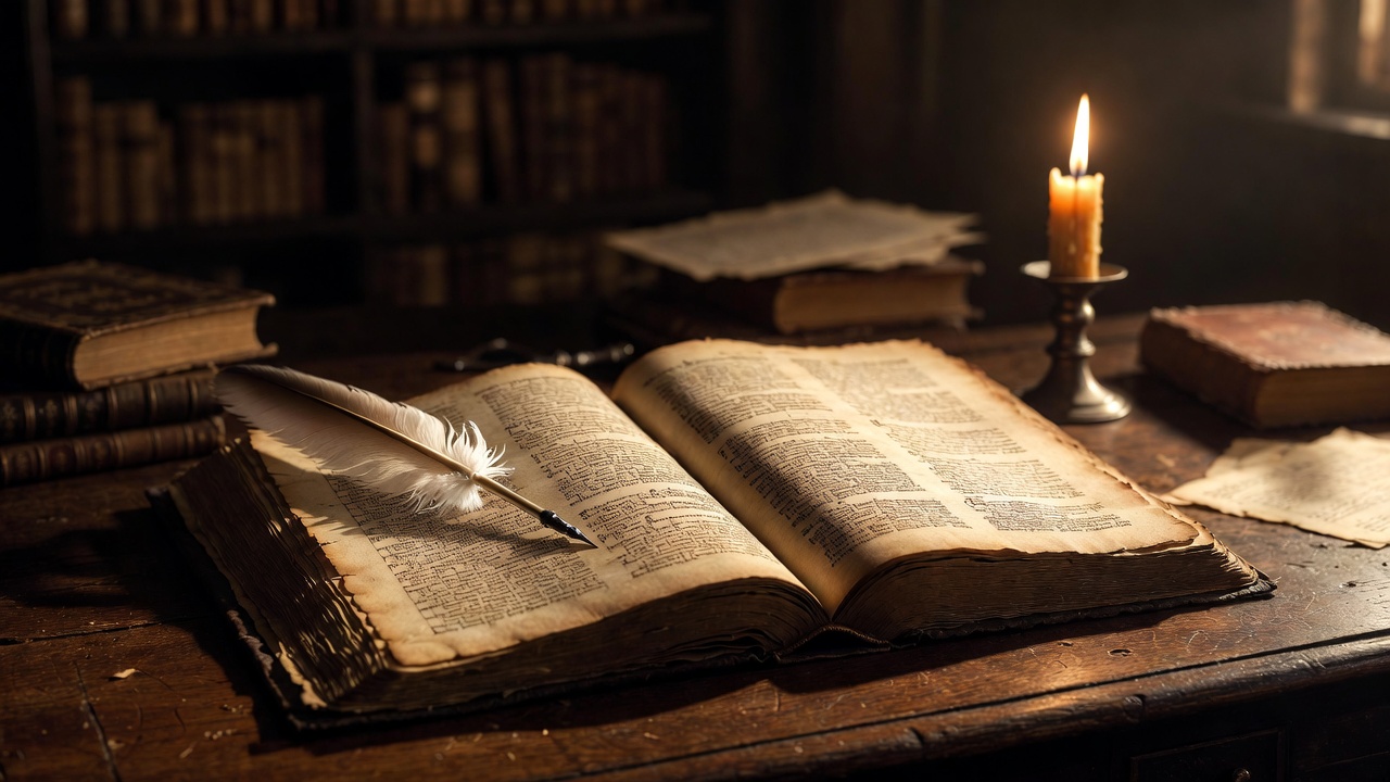 Open First Folio page with quill and candlelight on antique desk, representing Shakespeare’s original play texts