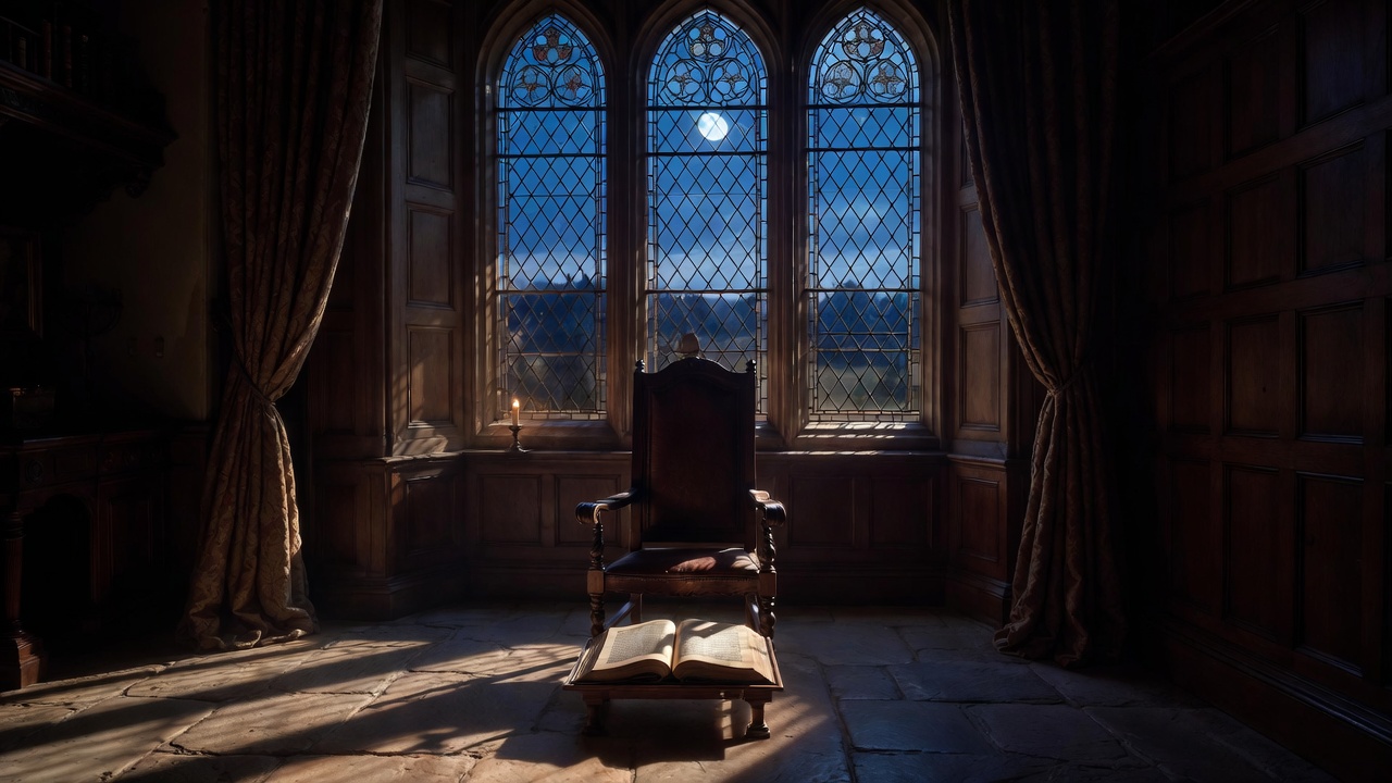 Solitary chair and open Shakespeare Folio in moonlit Elizabethan study evoking Hamlet’s soliloquy