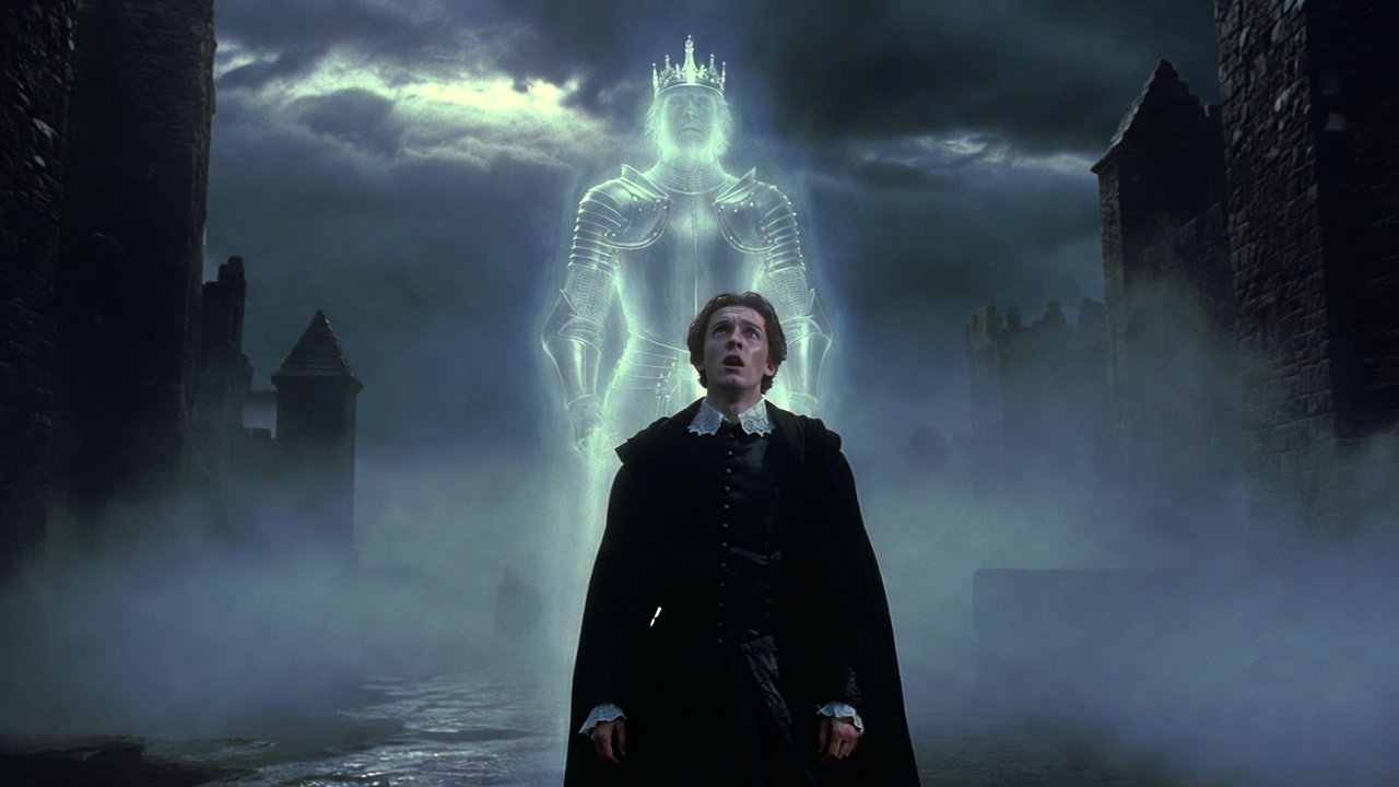 Hamlet confronts the ghost of his father on Elsinore battlements at night, classic Shakespeare tragedy scene