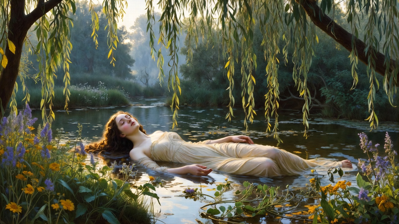 Ophelia drowning amid flowers in a poignant and tragic river scene from Shakespeare's Hamlet