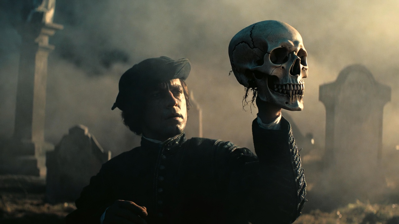 Hamlet contemplates mortality holding Yorick's skull in the iconic graveyard scene