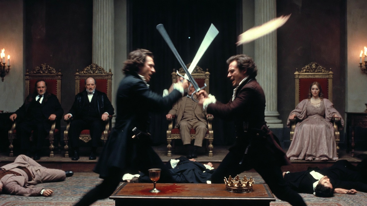 Climactic sword duel between Hamlet and Laertes in the fatal final scene of Shakespeare's tragedy