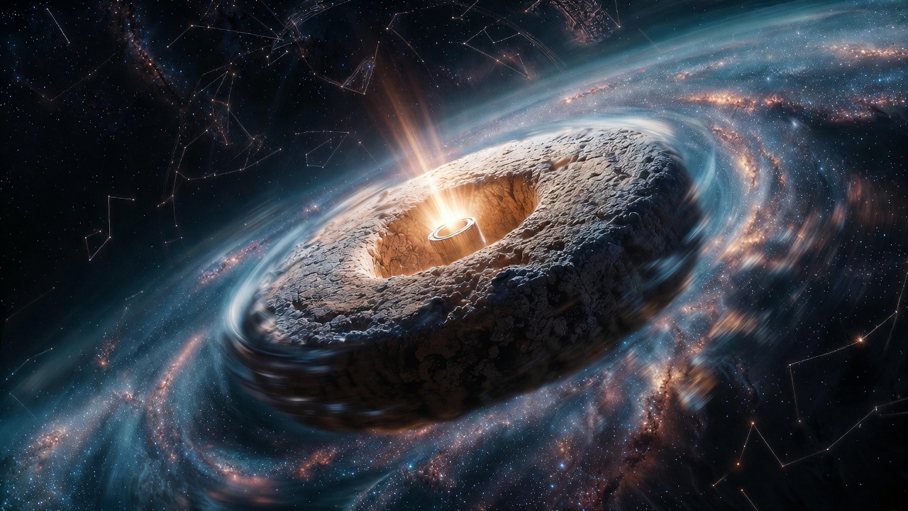 Ancient cosmic mill grinding stars in space representing precession of the equinoxes from Hamlet's Mill book