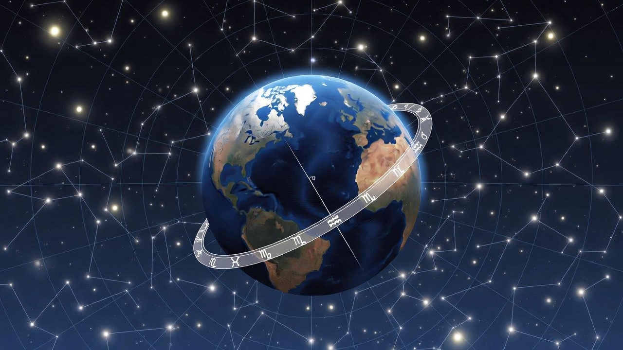 Diagram illustrating precession of the equinoxes and Earth's axial wobble in cosmic context