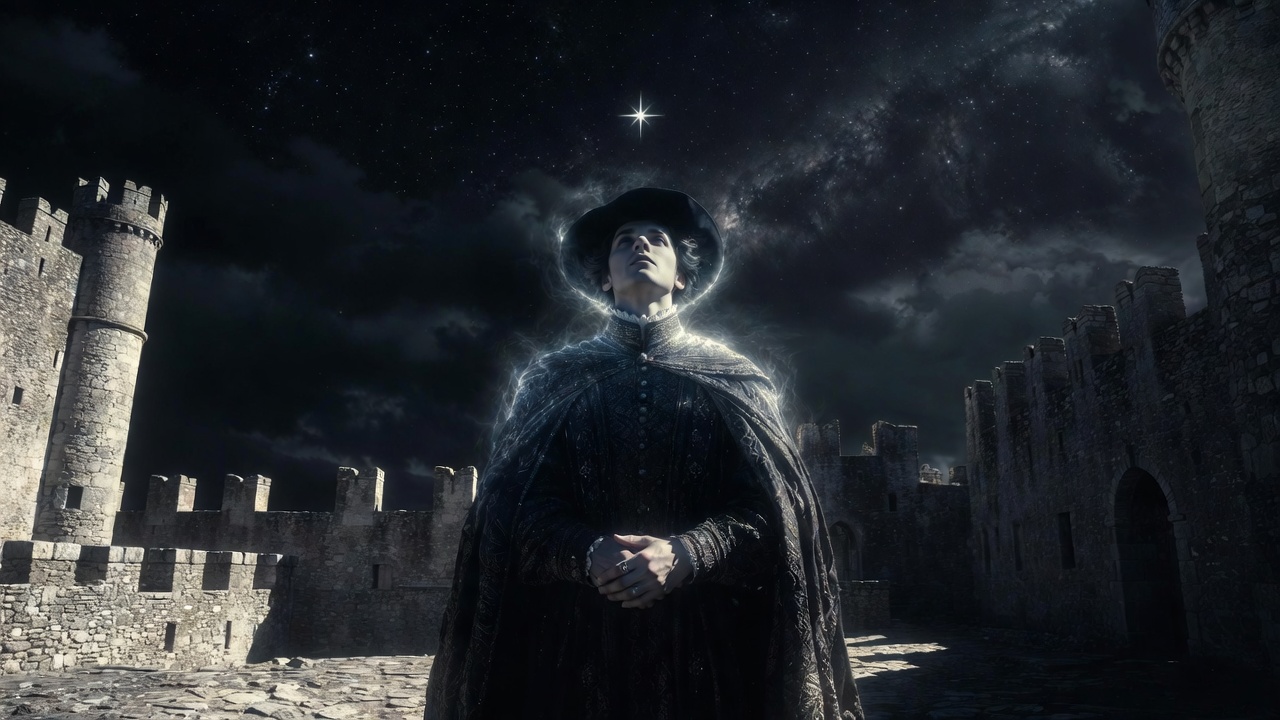 Hamlet prince contemplating under cosmic starry sky connecting to ancient myths and precession