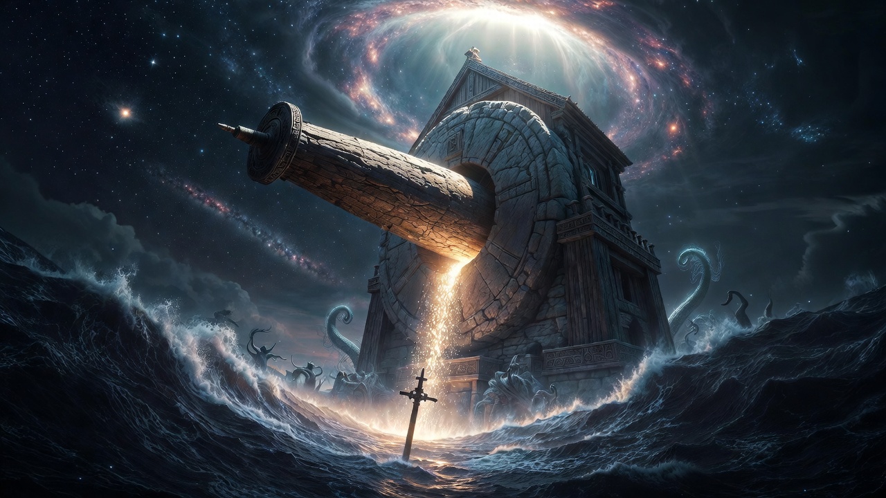 Ancient mythological heavenly mill grinding cosmic abundance in starry night sky from global myths