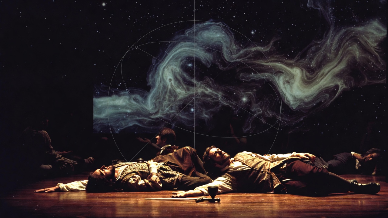 Dramatic final tragedy scene from Hamlet with cosmic starry overlay representing world age cycle
