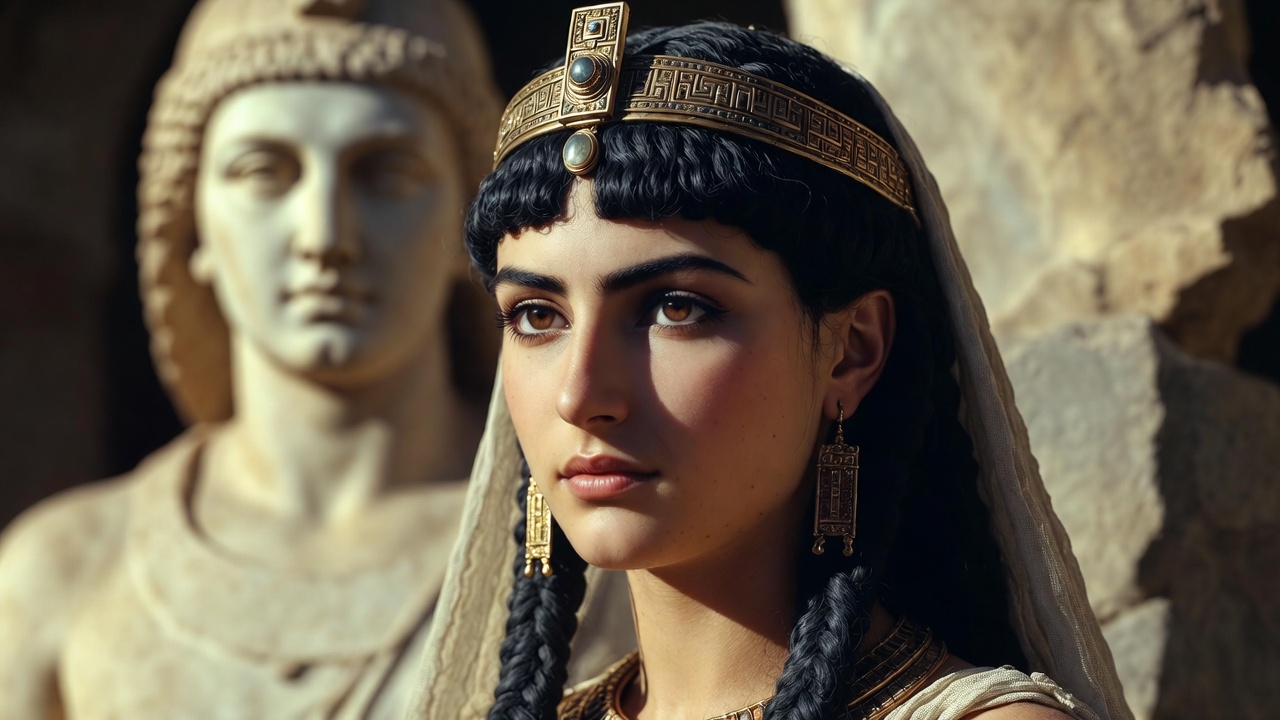 Historical realistic portrait of Cleopatra VII, the intelligent Ptolemaic queen before Shakespeare's dramatic portrayal in Antony and Cleopatra