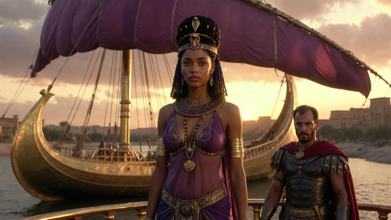 Cleopatra on her golden barge meeting Mark Antony, iconic scene from Shakespeare's Antony and Cleopatra illustrating infinite variety and passion