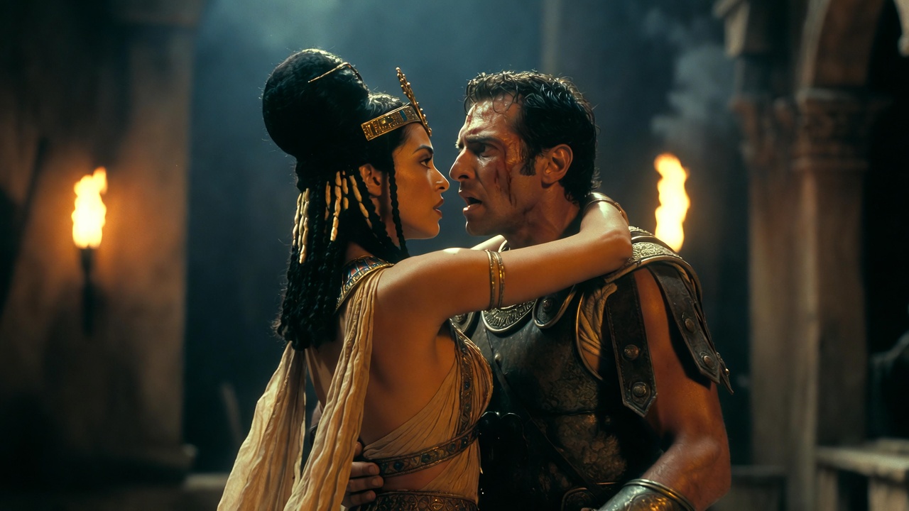 Passionate embrace of Antony and Cleopatra, capturing love, betrayal, and tragic power themes in Shakespeare's play