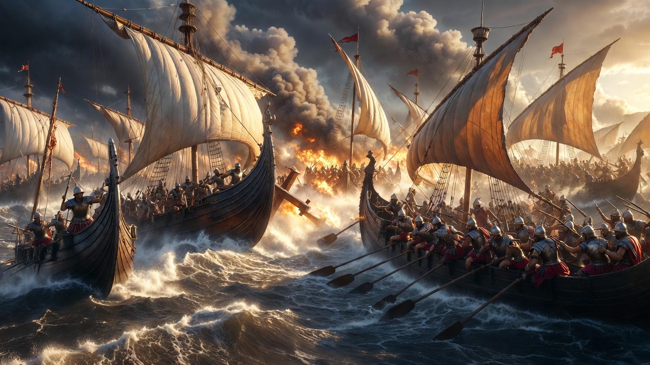 Dramatic naval Battle of Actium scene from history and Shakespeare's Antony and Cleopatra, symbolizing clash of Rome and Egypt