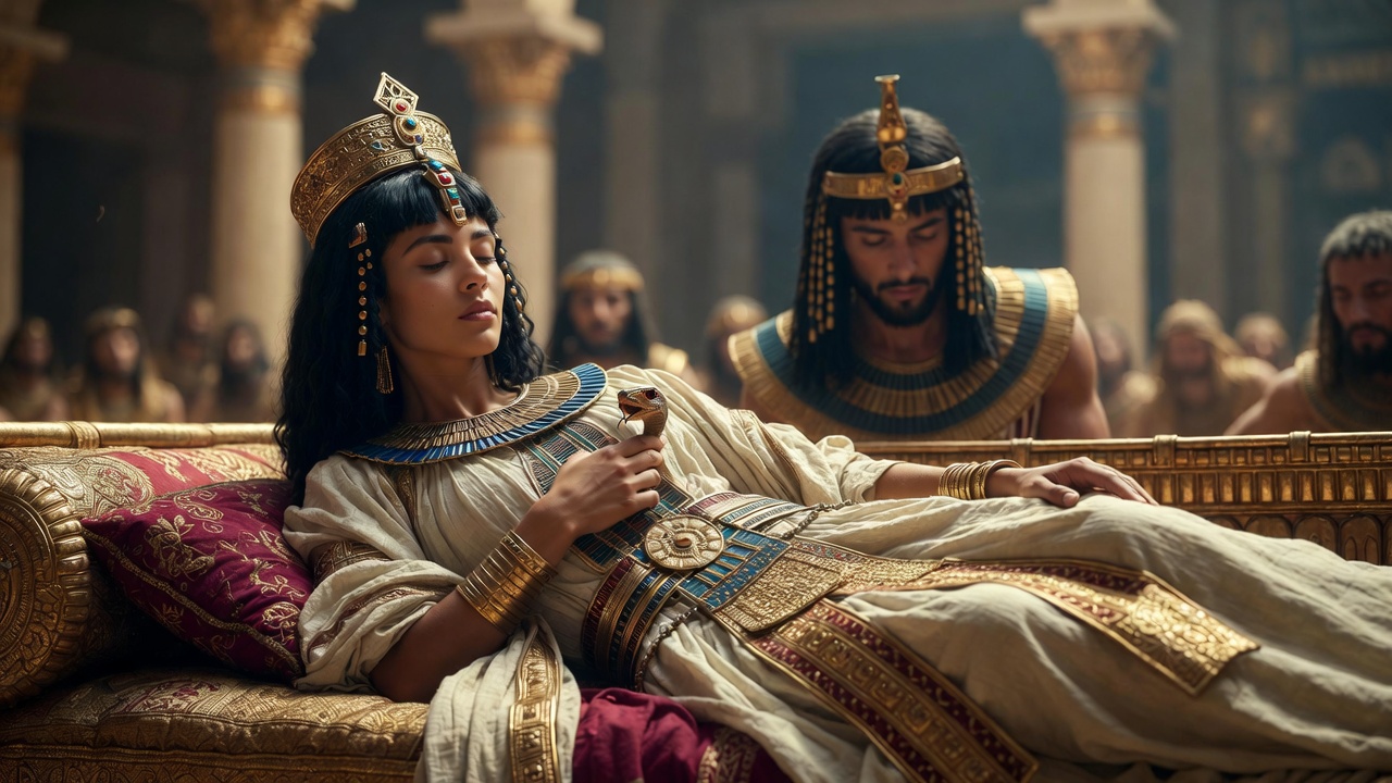 Cleopatra's tragic suicide with the asp, iconic moment of power and immortality in Shakespeare's Antony and Cleopatra