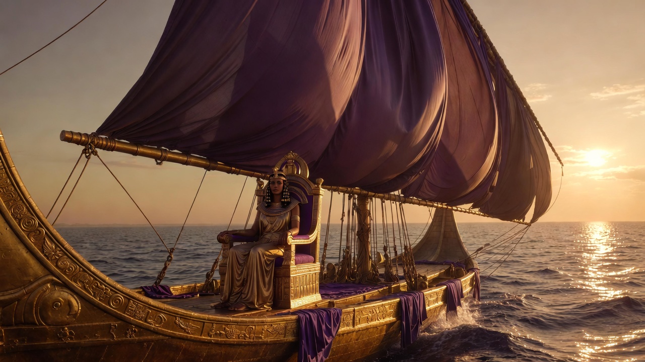 Shakespeare's Cleopatra on her golden barge with purple sails from Antony and Cleopatra, evoking Enobarbus's famous description